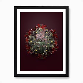 Vintage Common Pink Lilac Plant Flower Wreath on Wine Red n.1549 Art Print