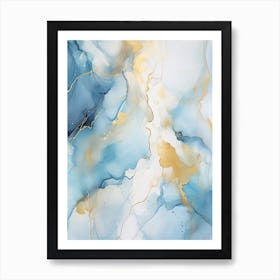 Light Blue, White, Gold Flow Asbtract Painting 0 Art Print