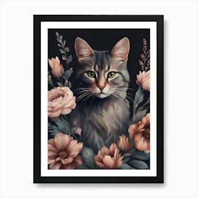 Cat With Flowers Moody Boho Style Art Print