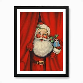 Santa Claus Behind Red Curtain With A Present For You Art Print