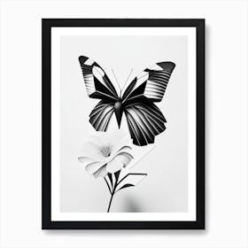 Butterfly On Flower Black & White Geometric 1 Art Print