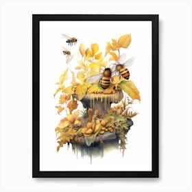 Western Miner Bee Beehive Watercolour Illustration 3 Art Print