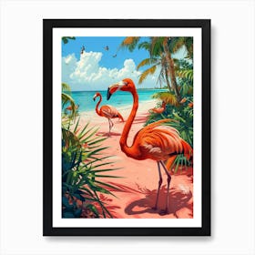 Greater Flamingo Pink Sand Beach Bahamas Tropical Illustration 5 Art Print