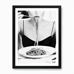 Black And White Woman Eating Spaghetti Art Print