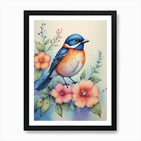 Bluebird With Flowers Art Print