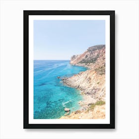 Milos, Greece I Wild boho nature mountain view and turquoise blue water on a dreamy beach paradise on Cyclades islands such as Santorini or Mykonos red sand beach overlooking the Mediterranean Sea view photography Art Print