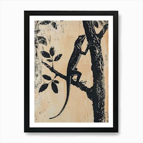 Black Lizard On A Tree Block Print Art Print