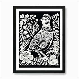 B&W Bird Linocut Partridge 1 Art Print