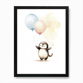 Baby Penguin Flying With Ballons, Watercolour Nursery Art 3 Art Print