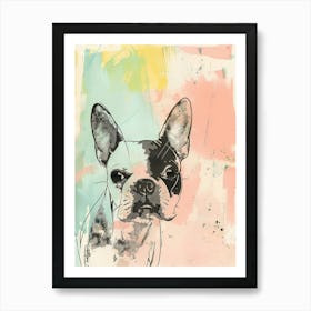 Boston Terrier Dog Pastel Line Watercolour Illustration  3 Art Print