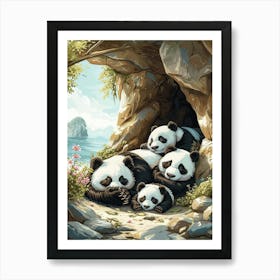 Giant Panda Family Sleeping In A Cave Storybook Illustration 3 Art Print
