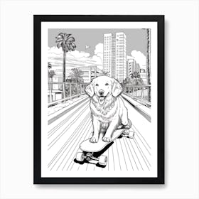 Golden Retriever Dog Skateboarding Line Art 2 Art Print