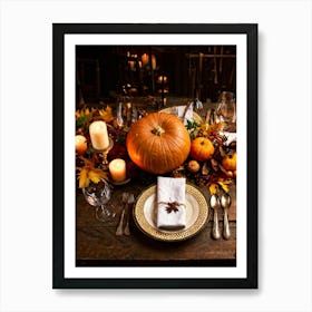 Autumnal Thanksgiving Table Setting Centering An Organic Pumpkin Surrounded By A Bounty Of Golden Art Print