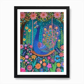 Folky Floral Peacock On A Swing 1 Art Print