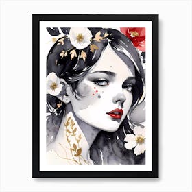 Selective Colour Portrait Of A Gorgeous Girl With Red And Gold Flower Art Print