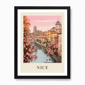 Nice France 5 Vintage Pink Travel Illustration Poster Poster