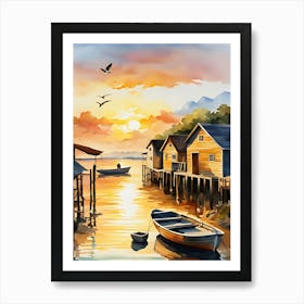 Watercolor Of A Fishing Village Art Print