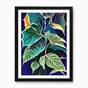 Basil Leaf Colourful Abstract Linocut Art Print