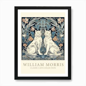 William Morris Inspired   Classic Cats White Cats Teal Blue Art Print