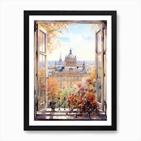 Window View Of Budapest Hungary In Autumn Fall, Watercolour 4 Art Print