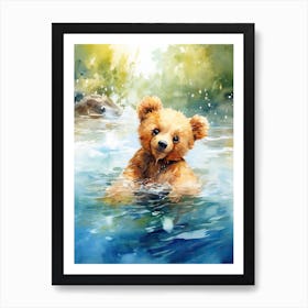 Swimming Teddy Bear Painting Watercolour 2 Art Print