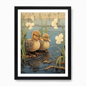 Ducklings With Pond Weed Japanese Woodblock Style 3 Art Print