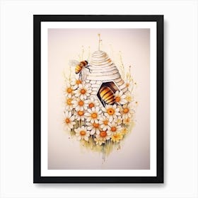 Beehive With Daisies Watercolour Illustration 3 Art Print