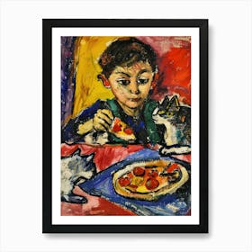 Portrait Of A Boy With Cats Having Pizza 1 Art Print