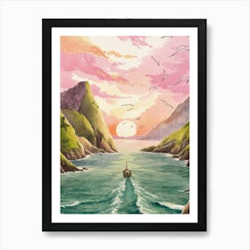 Watercolor Of A Boat At Sunset Art Print