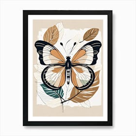 Boho Minimalist Butterfly with Leaves v3 Art Print