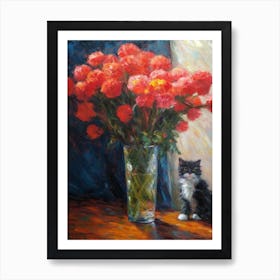 Carnations With A Cat 1 Art Print