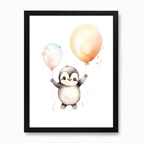 Baby Penguin Flying With Ballons, Watercolour Nursery Art 2 Art Print