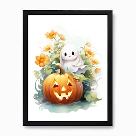 Cute Ghost With Pumpkins Halloween Watercolour 104 Art Print
