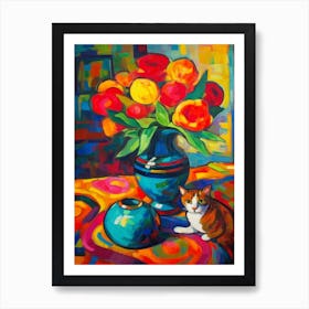 Freesia With A Cat 1 Fauvist Style Painting Art Print