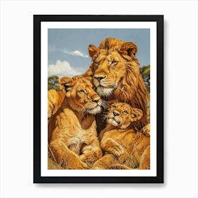 Barbary Lion Relief Illustration Family 5 Art Print