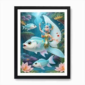 3d Animation Style In The Water There Are Fish In The Rice Fie 0 Art Print