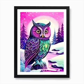 Pink Owl Snowy Landscape Painting (100) Art Print