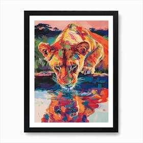 Transvaal Lion Drinking From A Watering Hole Fauvist Painting 1 Art Print