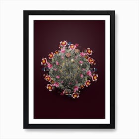 Vintage Allium Globosum Flower Wreath on Wine Red n.0613 Art Print