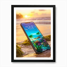 Smartphone Resting On Sandy Shores Morphing Into A Colorful Tropical Aquatic Creature Underwater Art Print