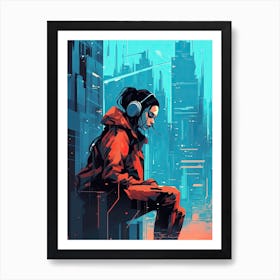 Futuristic Girl In Headphones, cyberpunk Art Print