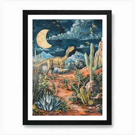 Dinosaur In The Desert At Night Painting Art Print