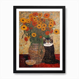 Aster With A Cat 4 Art Nouveau Klimt Style Art Print