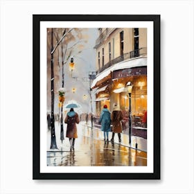 Paris cafes, winter season, Christmas, autumn oil colors, pale colors, pedestrians in the street, winter clothes, falling snow.Christmas decorations.18 Art Print