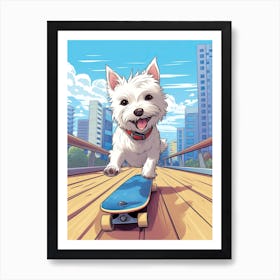 West Highland White Terrier (Westie) Dog Skateboarding Illustration 2 Art Print