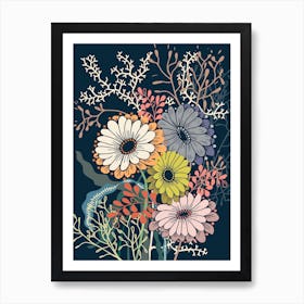 Springtime Daisies Dark Blue Art Print