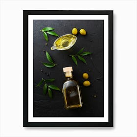 Olives and oil — Food kitchen poster/blackboard, photo art Art Print