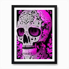 Skull With Intricate Henna 1 Designs Pink Linocut Art Print