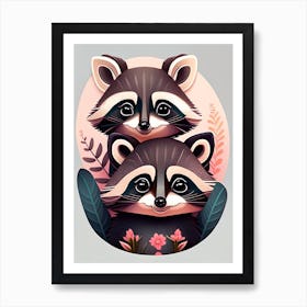 Cute Raccoons With Flowers Art Print