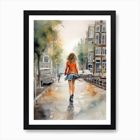 Girl Skateboarding In Amsterdam, Netherlands Watercolour 1 Art Print